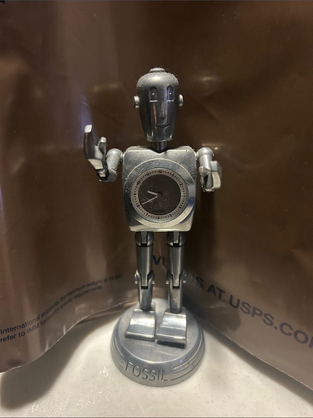 Fossil Silver Robot Clock Figurine on Stand